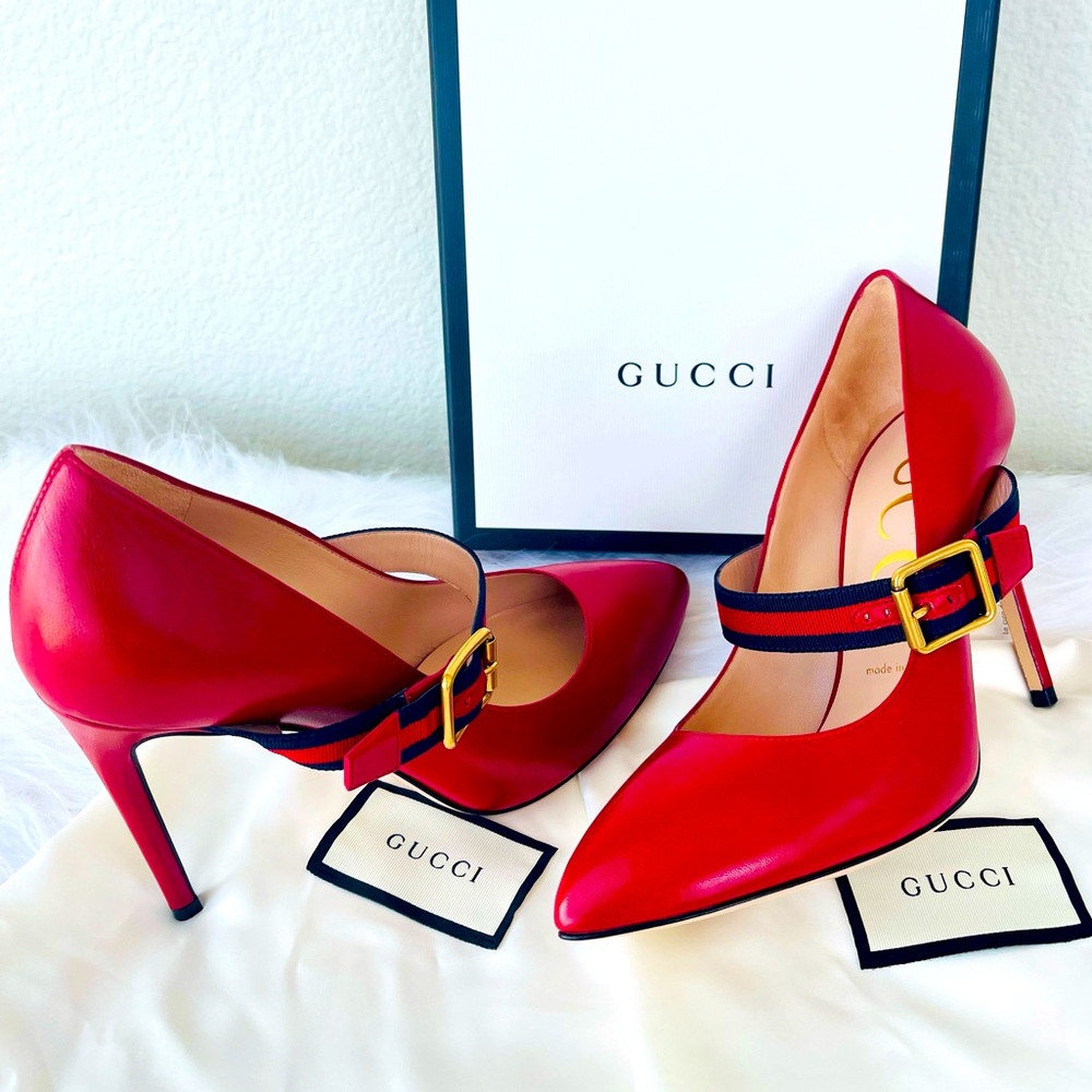 New! GUCCI “Mary Jane” inspired
RED Leather Sylvie Web Strap Heels Size 38.5 - Picture 10 of 14